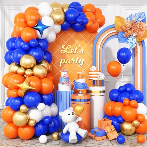 Kit de arco de globos azul real y naranja, guirnalda de globos naranja azul y blanco con globos dorados metálicos, globos de papel de aluminio, para cumpleaños, graduación, baby shower, béisbol, boda