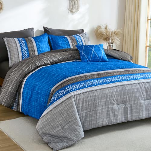 Image of Dintszyayue Blue Queen Comforter Size Set, 8 Pieces Boho Striped Texture Bed in a Bag Sets, Lightweight Soft Bohemian Comforter and Sheet Set, All Season Microfiber Bedding Sets for Men Women