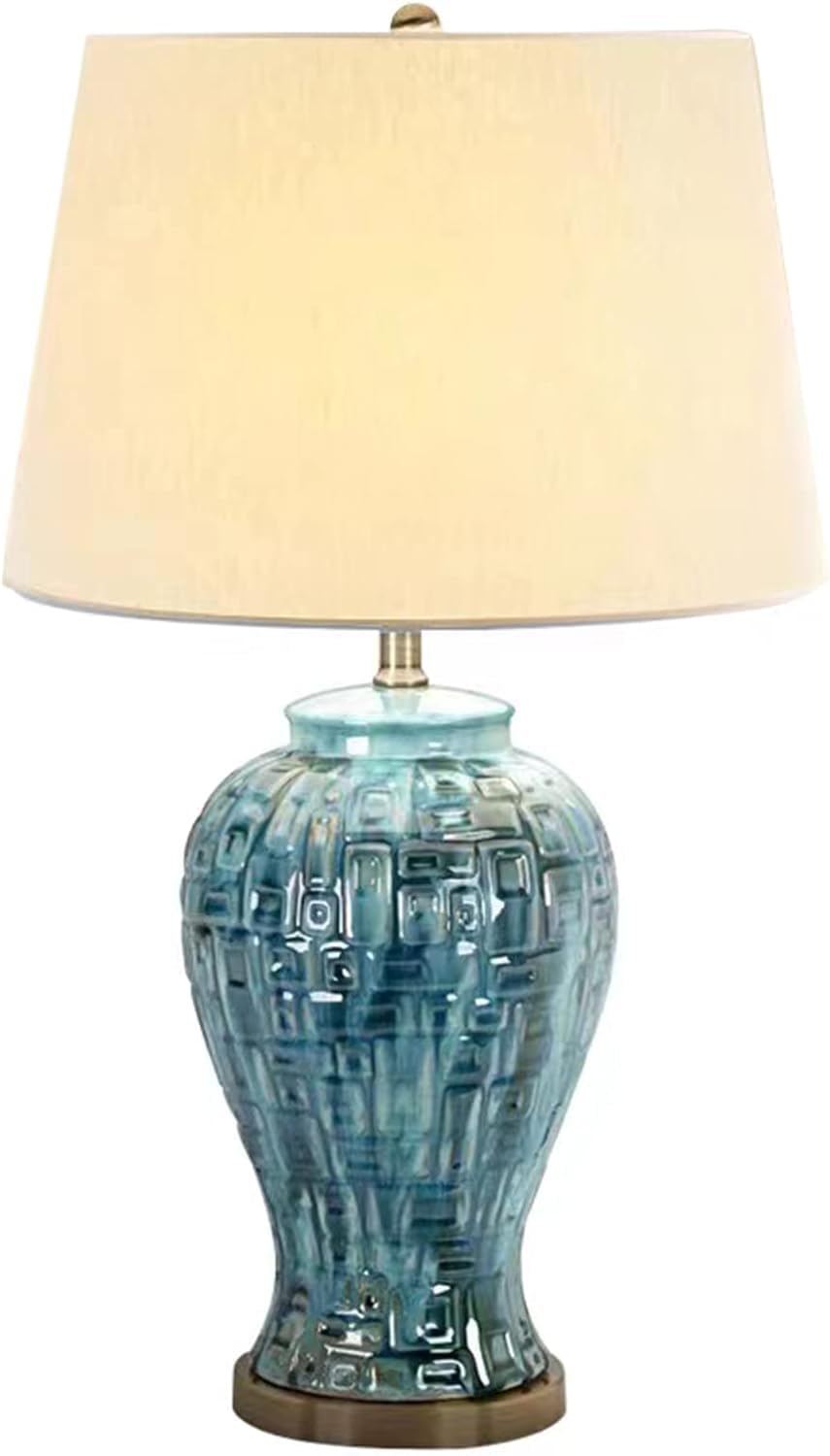 BNWRZCJXY Teal Ceramic Table Lamp Blue Pottery Jar Tabletop Coastal Table Lamp in Navy Blue for Living Room Large Bedroom Nightstand Lamp Green Nordic Modern Desk Lamp for Bedside Study Entry Office