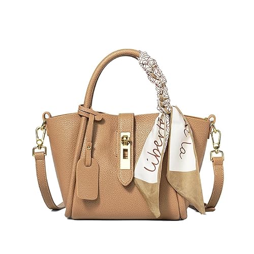 I-kenoyo Handcrafted Leather Handbag - Premium Cowhide Commuter Tote, With Unique Scarf Decoration Annual New (LIGHT BROWN)