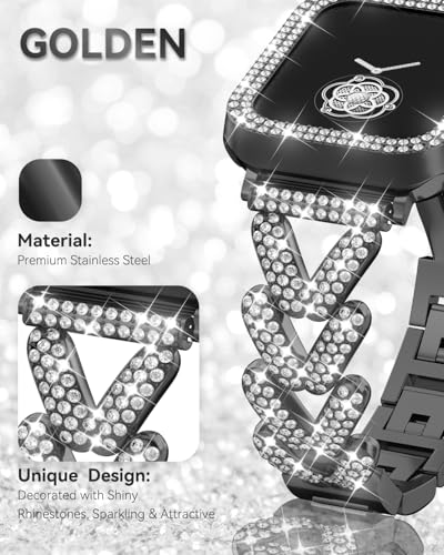 Image of Rhinestones Encrusted Metal Bracelet and Case, Compatible with Apple Watch Bands 38mm-49mm (Series 11 /10 /1 /SE /Ultra 2)- Bling Gold Women's Jewelry Strap, Luxury iWatch Bracelet