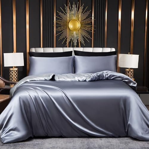 Tospass Bettwäsche 135x200 Grau Anthrazit Weiß Satin Bettwäsche Set Glatt Luxus Glanzsatin Deckenbezug Einfarbig Glänzend Bettbezug mit Reißverschluss 1 Kissenbezug 80x80cm