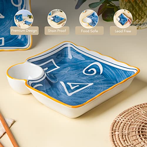 Image of Nestasia Set of 2 Ceramic Chip and Dip Snack Plate with Dip Section | Microwave & Dishwasher Safe Starter Plates | Perfect for Fries, Momos, Sushi, Kebab (White & Blue)