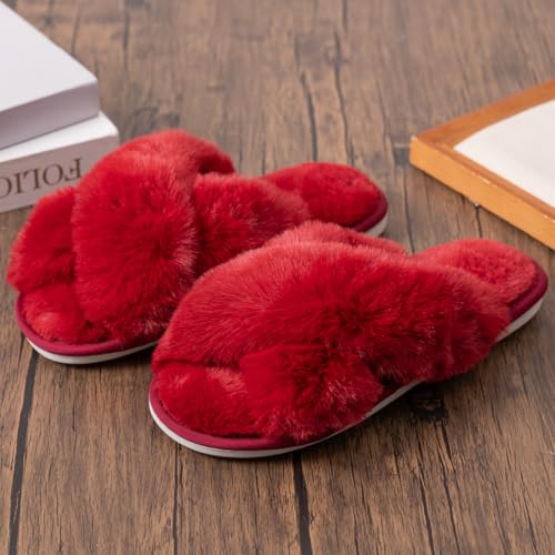 Image of Enteer Women's Slipper Memory Foam Cross Band Fuzzy Slippers Open Toe Cozy House Slippers Cozy Plush Bedroom Indoor Outdoor