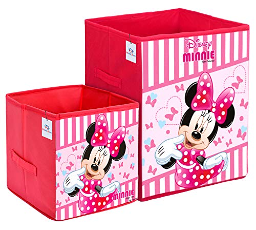 Image of Heart Home Disney Minnie Print Non Woven Large Size Fabric Foldable Laundry Basket and Small Size Cube Toy, Books, Shoes Storage Box with Handle (Set of 2, Pink)-HEART11895, Standard