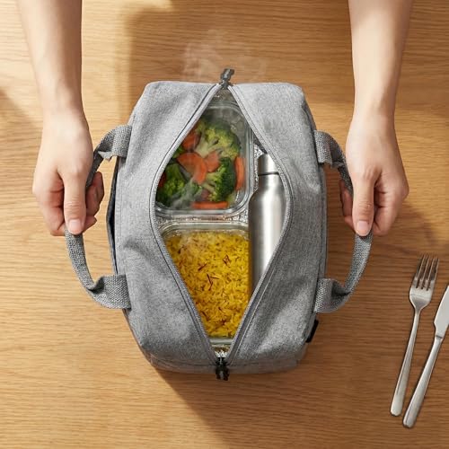 Image of Wooum Lunch Bag for Men & Women, Office Tiffin Bag, Travel Lunch Pouch with Handle, Water Resistant Lunch Box, Insulated Tiffin Bag for School, College, Picnic - Navy Blue (Light Grey)