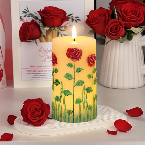 Image of Eldnacele Rose Flameless Candles with 6 Hour Timer, Battery Operated Hand Painted 3D Wick Flickering Real Wax LED Pillar Candles for Spring Dinner Christmas Holiday Decor((2Pcs, D3xH6.5)
