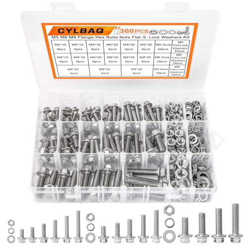 CYLBAQ 360PCS Flanged Bolts and Nuts Kit, M5 M6 M8 Stainless Steel 304 Metric Flanged Hex Screws Nuts