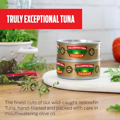 Image of Genova Premium Yellowfin Tuna in Olive Oil, 3 Ounce Cans (Pack of 24), Wild Caught Canned Tuna, Solid Light