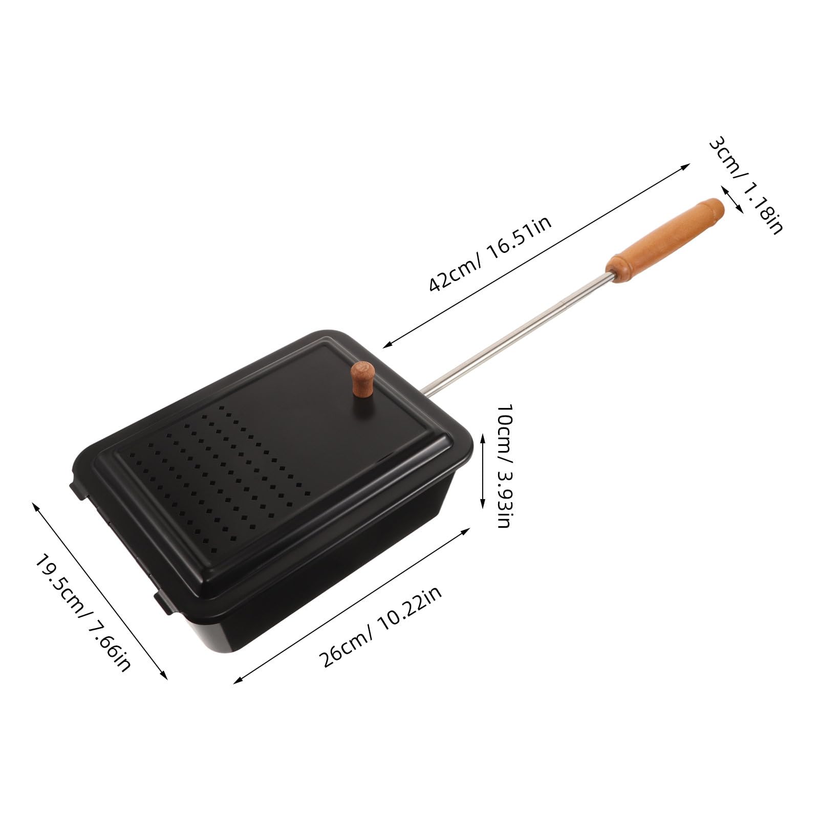 Operitacx Palomitera con tapa ventilada - Sartén para palomitas de maíz de 26,2 x 19,5 x 10 cm con mango de madera - Sartén rectangular pequeña de hierro para cocinar, ideal para noches de cine y