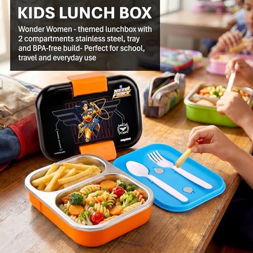 Image of Nayasa Marco Wonder Women Print 2 Compartment Stainless Steel Insulated Lunch Box for Kids | Vacuum Sealed Leak Proof Tiffin Box | 650 ml | Orange & Black