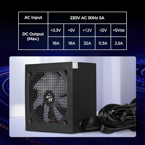 Image of Zebronics Premium Power Supply, Long Flat Cables, Silent 120mm Fan, 12V 32A, 6+2 PCIe, 4+4 CPU, 4 x SATA, 2 x MOLEX, RGB Fan, Built-in Protections (VS550Z, Black)