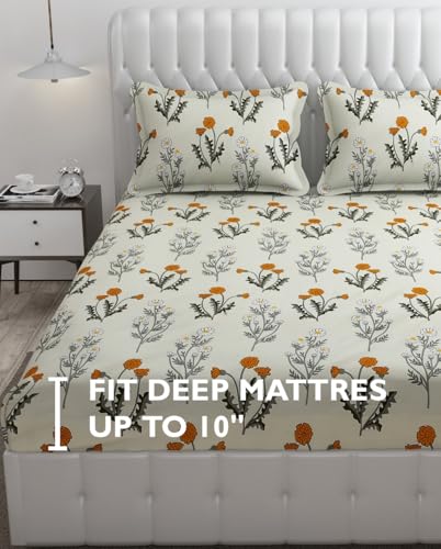 Image of FRESH FROM LOOM King Size Microfiber Bedsheet with Floral Print - 240 TC, Hypoallergenic, Includes 2 Pillow Covers (90 x 95 inch| Vanilla, Floral Design),Multicolor