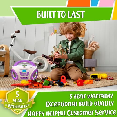 Image of TINYGEEKS Tunes Kids Boombox CD Player for Children - FM Radio - Includes Batteries - Purple Radio - CD Player with Speakers for Children and Toddlers - Purple