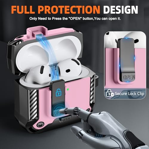 Image of for AirPods 4 Case with Lock & Phone Stand(Pink) | Automatic Snap Switch Lock,Carbon Fiber Texture Design Cover with Cleaner Kit