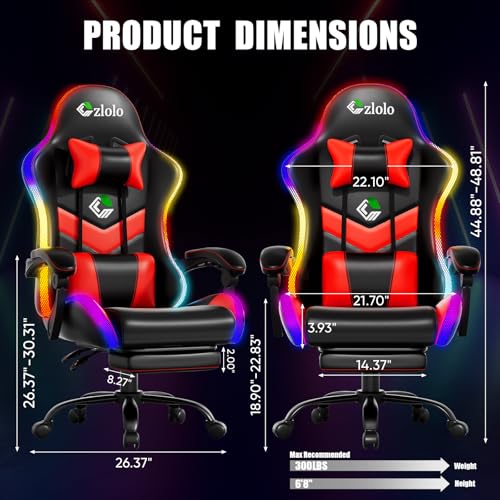 Image of Czlolo Gaming Chair, RGB LED Lights Computer Chair with Footrest, Lumbar Support Massager Gamer Chair, High Back, 90-135 Reclining, Linkage Armrests, Crimson