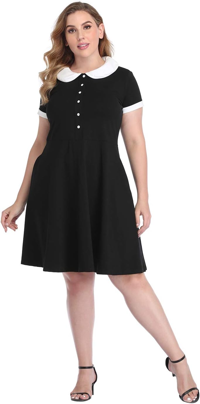 HDE Womens Plus Size Peter Pan Collar Dress Short Sleeve Fit and Flare A Line Collared Casual Skater Dress Knee Length - Image 2