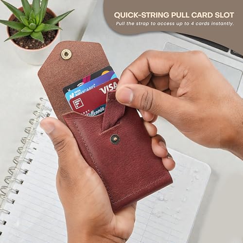 Image of The Wallet Store Flip Genuine Leather Vertical Slim Wallet for Men | Pull-String Quick Card Access | Compact Front Cash Pocket & Button Lock | Minimalist Travel & Daily Carry Wallet (Wine)