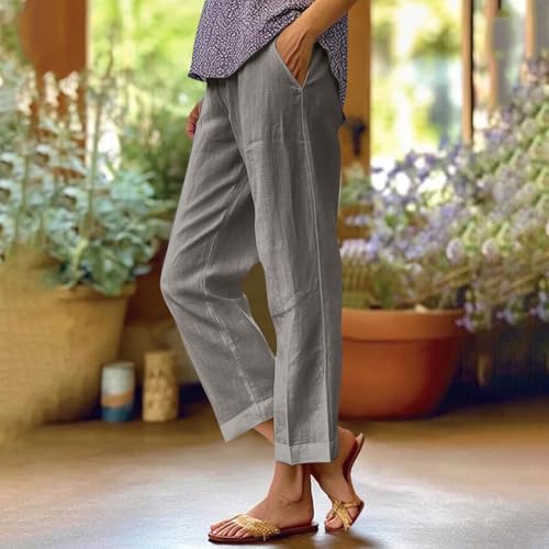 Cropped Linen Pants Women Summer Plus Size Straight Leg Crop Pants Elastic Waist Casual Beach Trousers with Pockets2