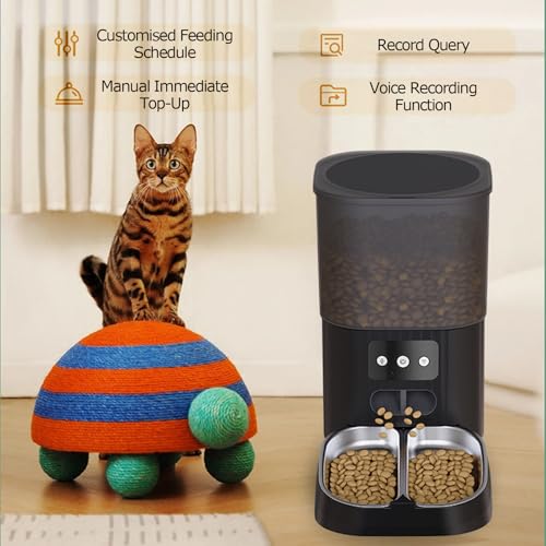 Mangiatoia automatica per gatti con telecomando, alimentazione temporizzata e misurata, 2 ciotole in acciaio inox, funzione di registrazione per cani e gatti