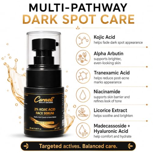 Image of 2% Kojic Acid Face Serum with 2% Alpha Arbutin, 4% Niacinamide, 2% Tranexamic Acid, 1% Licorice Extract, <1% Hyaluronic Acid & 0.5% Madecassoside | Face Serum for Dark Spots Appearance, Acne Marks, Pigmentation, Uneven Skin Tone & Glow | Lightweight & Non-Sticky (20 ml)
