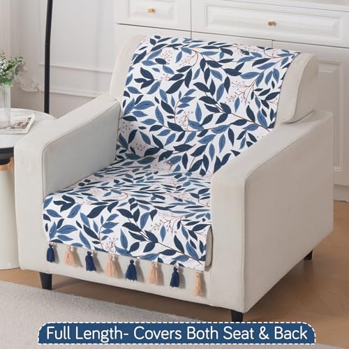 Image of HOKIPO Printed Holland Velvet Sofa Cover with Tassels for 1 Seater Sofa | Full Protection for Sofa Seat and Back | 'Whispers of Nature' (160x60 cm), Indigo Foliage (IN-1125-D10)