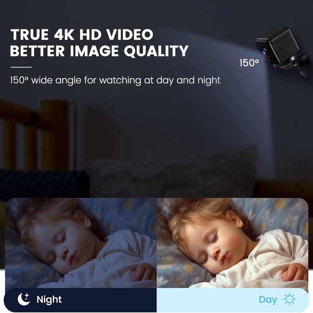Comparison image showing the KinetCam camera's 4K HD video and night vision capabilities, with a baby sleeping in both day and night views.