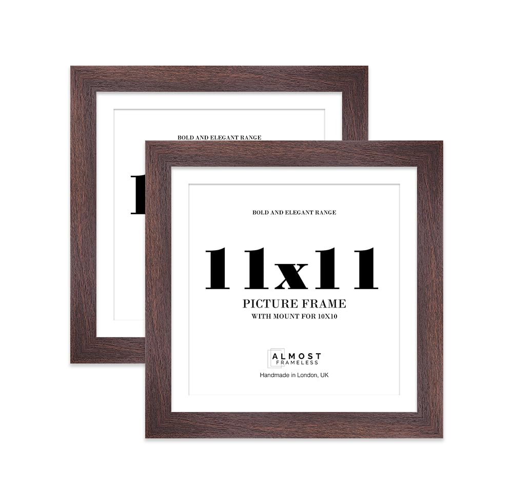 11x11" Walnut Square Frame With Mount for 10x10" Pictures 28mm Edge Frame Display with Wall Hooks and Kickstand, 2 Pack