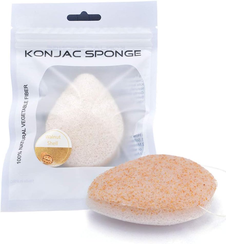 [Upgrade] Facial Konjac Sponge, Double Side Face Cleansing Scubber Sponge, 100% Made of Walnut Natural Shell & Konjac, Skin Exfoliating Spong for Men & Women (Facial)