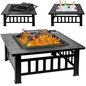 32 Inch Fire Pit Table with Fire Poker & Spark Screen, Outdoor Burning Fire Pits, 3 in 1 Metal Square Firepit Stove for Outside Heating, Bonfire Party, Camping, Patio, Garden