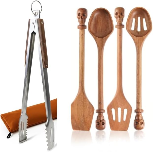 17-Inch Stainless Grill Tongs with Walnut Grip & Acacia Skull-Handle Utensils – Heavy-Duty BBQ Tongs and Wooden Cooking Tools for Grilling, Stirring & Daily Prep