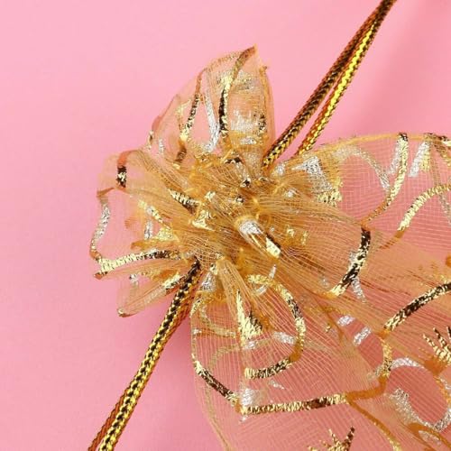Image of DMS RETAIL Printed Organza Bag Pouches|Organza Return Gift Bags|Drawstring Pouches For Wedding| Jewelry Gift Bags for Party Golden Pack Of (20)