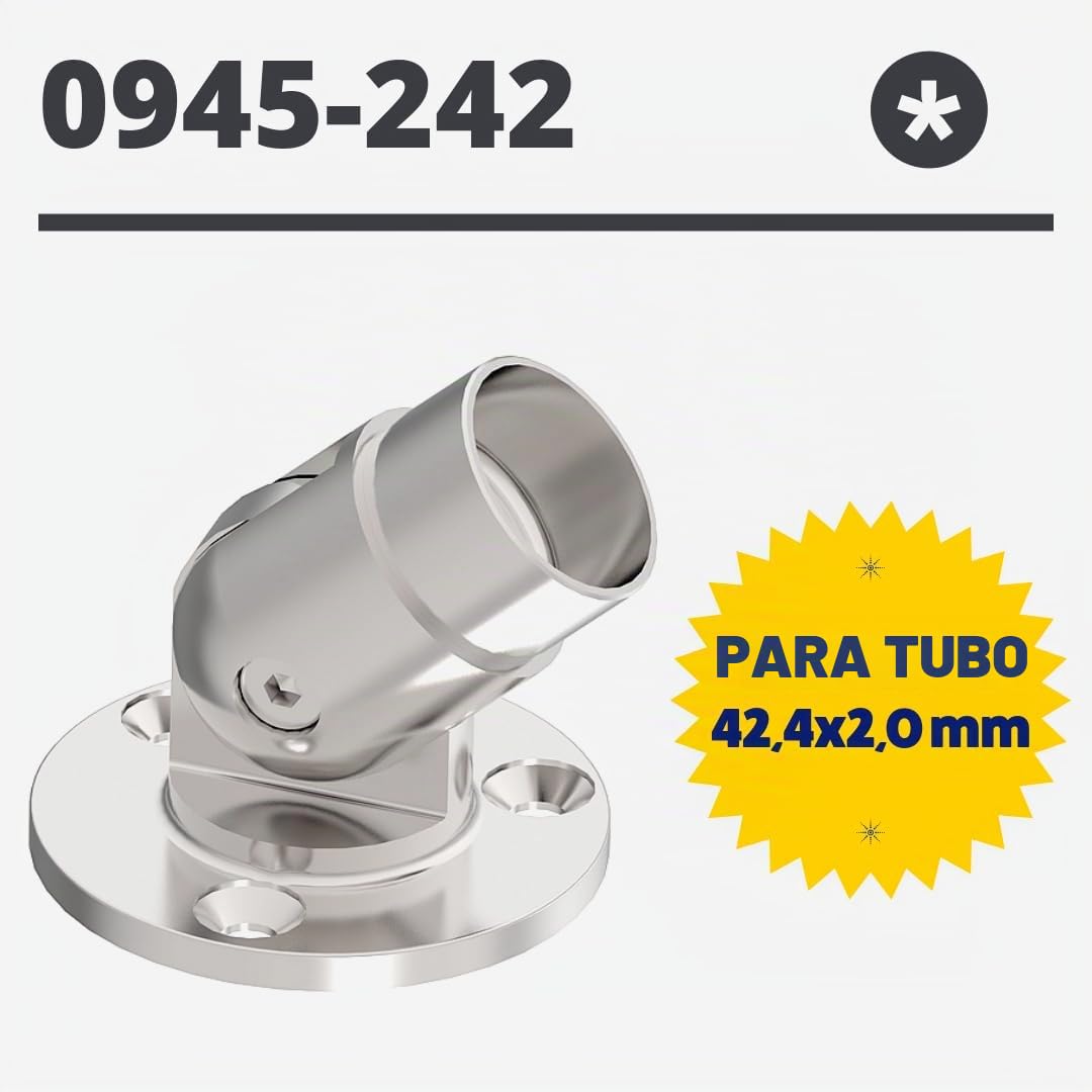 Sellon24® Brida de pared de acero inoxidable con articulación V2A 42,4, accesorio de barandilla, brida de 0 a 90 grados, pasamanos, tubo de escaleras regulables, conector de brida de tubo, brida, tubo