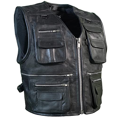 PAULGOS Lederweste Weste Kutte Leder Biker Rocker Motorrad Clubweste Bikerweste Motorradweste Schwarz BW11 (Schwarz, XXL)