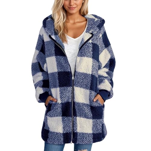Bakgeerle Womens Fleece Zip Up Jacket Plaid Plus Size Long Sherpa Hoodies with Pockets Oversized Fuzzy Jackets Winter Coat Women's Fleece Jackets & Coats Spring for Women Plus Size Blue