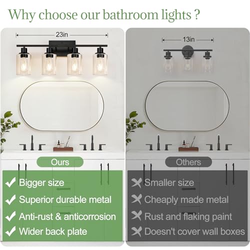 Image of Indoi 4-Light Bathroom Light Fixtures, Matte Black Modern Vanity Lights with Clear Glass Shades, Bathroom Wall Lamp for Mirror Living Room Cabinet Bedroom Porch