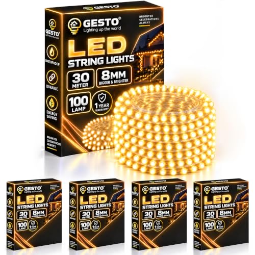 Gesto 30 Meter LED String Lights – Warm White 8mm Big Led Fairy Lights for Decoration | 360° Glow Waterproof Copper Wire Lights for Home Decor Balcony Outdoor Christmas & Diwali Decoration- Pack of 5