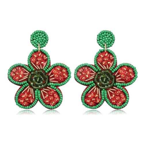 Beaded Drop Earrings Statement Colorful Beaded Flower Earrings Handmade Bohemia Tropical Beadwork Dangle Earrings For Woman
