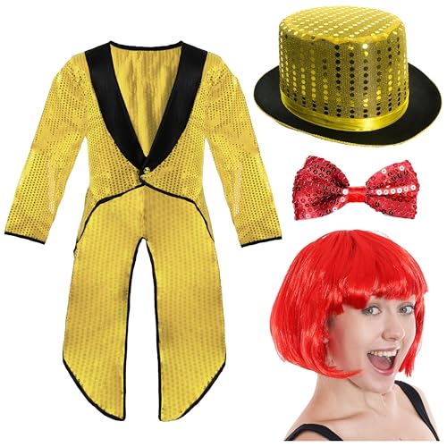 I LOVE FANCY DRESS Adults Dancing Groupie Costume - Large - Gold Top Hat, Red Bob Wig, Gold Sequin Tailcoat, and Red Sequin Bow Tie - Perfect for Halloween & Movie Themed Events
