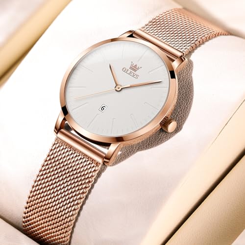 OLEVS Rose Gold Stainless Steel Ultra Slim Wrist Watches for Women - image 9