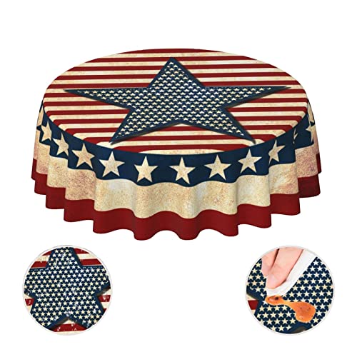 YETTA YANG Vintage Rustic Farmhouse USA American Flag July 4th Memorial Day Patriotic Waterproof Picnic Patio Round Table Cloth 60 Inch Circular Tablecloth for 20-47 Inch Home Dining Room Kitchen