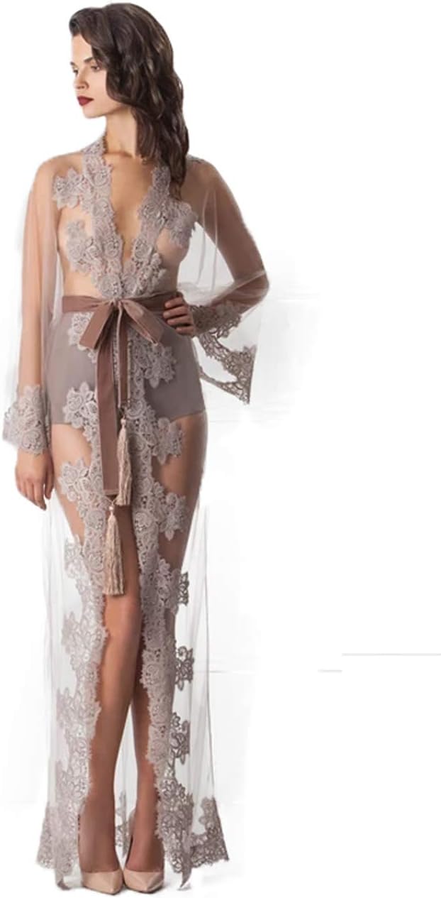 BATHGOWN Women's Lace Kimono Robe Sheer Babydoll Lingerie Mesh Nightgown See Through Lace Chemise and Belt