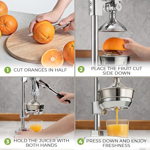 Image of Zulay Kitchen Professional Citrus Juicer - Chrome Finish Manual Citrus Press and Orange Squeezer - Metal Lemon Squeezer - Extra Tall Heavy Duty Manual Orange Juicer and Lime Squeezer Press Stand
