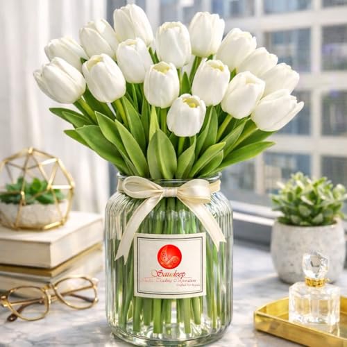 SAUDEEP INDIA 10 Pcs Artificial White Tulip Flowers Bunch 34cm for Vase Decor | Silicon Real Touch Floral Arrangement for Living Room Bedroom Office Table Centerpiece Anniversary Wedding Decoration