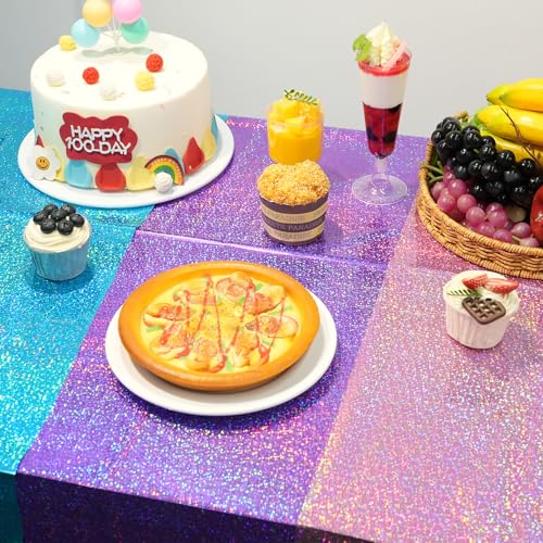Image of FunnyPars 3 Pack Iridescent Pink Purple and Blue Kpop Plastic Tablecloths, Disposable Rectangle Table Covers, Holographic Metallic Foil Tablecloth Party Decorations for Kpop Birthday, 54x108 Inch