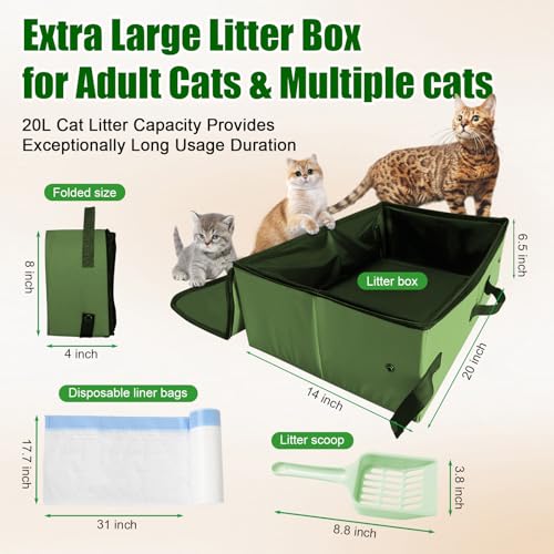 Image of Large Portable Cat Travel Litter Box, 20x14x6.5 Inches with Zipped Lid & 10 Liners, Leak-Proof, Lightweight, Sturdy & Waterproof and Foldable for Hotels, Car, & Camping