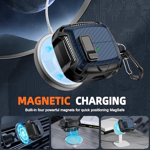 Image of Safety Lock Case for Samsung Galaxy Buds3 FE /Pro /3 (Blue) | Compatible with MagSafe, Carbon fibre texture Design,with Phone Stand& Cleaning kit,Keychain,