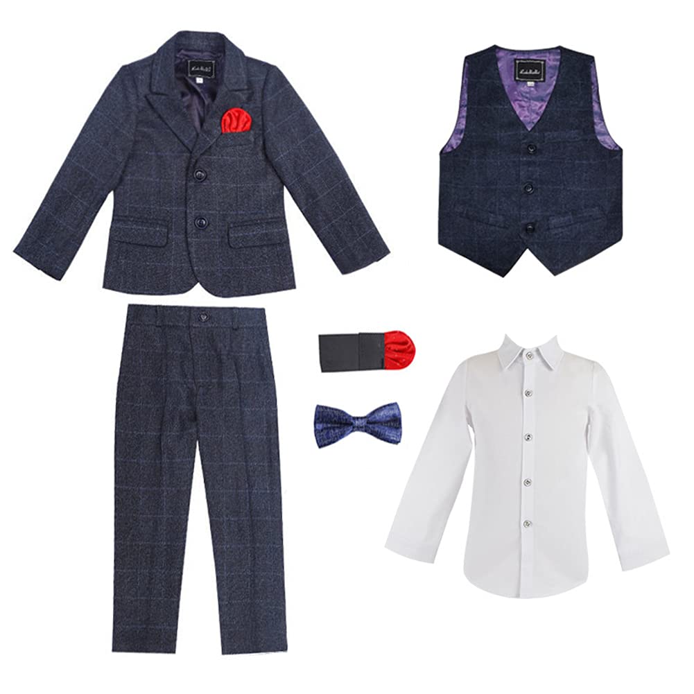 Conjunto de Traje a Cuadros Niños Traje de Fiesta de Bodas,6 Piezas Trajes Blazer+Camisa+Chaleco+Pantalones+Pajarita+Pañuelo de Bolsillo,Chicos Traje Formal para Ceremonio Bautizo Graduación Esmoquin