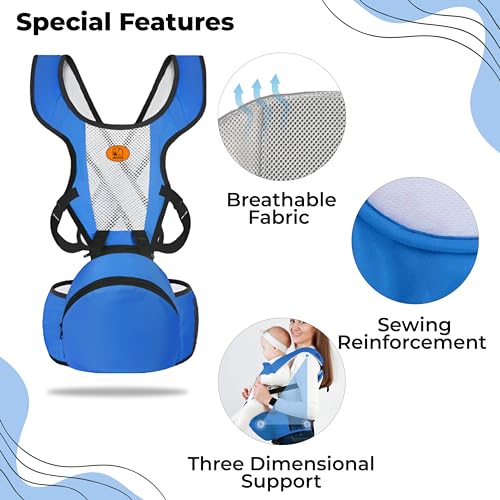 Image of Bembika Baby Carrier Newborn to Toddler with Hip Seat Multiple Positions Infant Carrier Soft Baby Holder Kangaroo Bag Sling Carrier for All Seasons - Blue