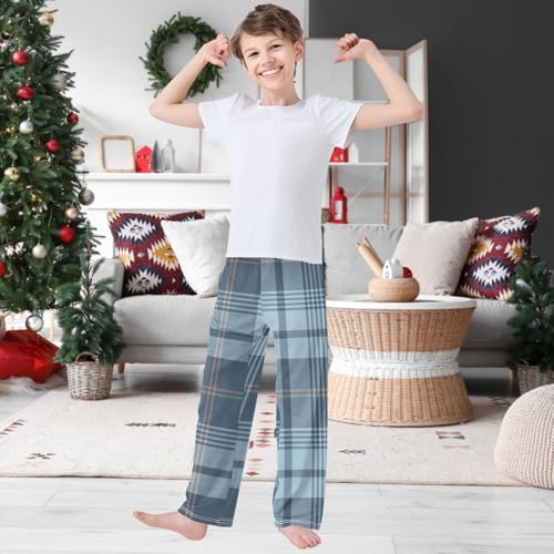 Boy's Pants Plaid Pattern Blue Brown Jogger Pants Elastic Waist Long Bottoms Trousers with Pockets 6-14 Years2